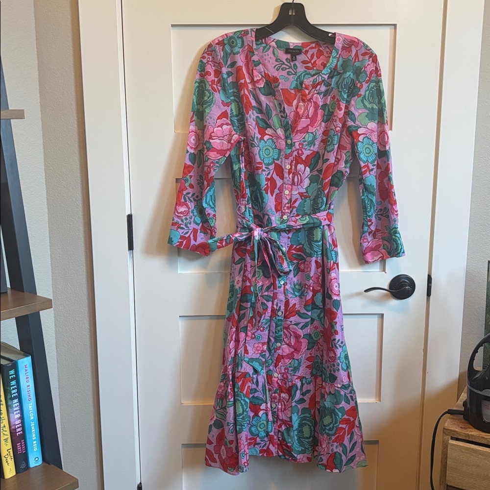Talbots Pink Floral Midi Dress with Green Accents